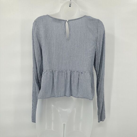 Boho Hollister Striped Tie Front Babydoll‎ Top Small Blue White Peplum Coastal - Picture 5 of 8